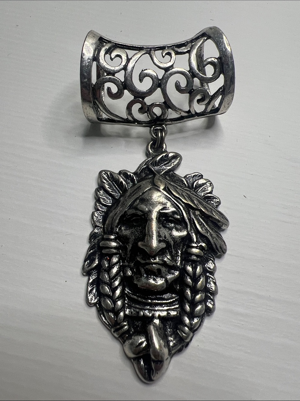 Sterling-Style Silver Native Chief Pendant Bandana Necklace Charm